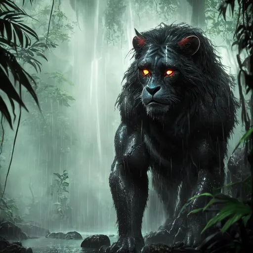 Prompt: tarzan  glowing eyes  rocks dark night  amazon animals  jungle  amazon  rainy  wet  dark fantasy  slippery texture  volumetric lighting  ultra HD  sharp focus  unreal engine 4  64k , radial blur   dark tones  animals  digital art artstation  glare  film grain, foggy 