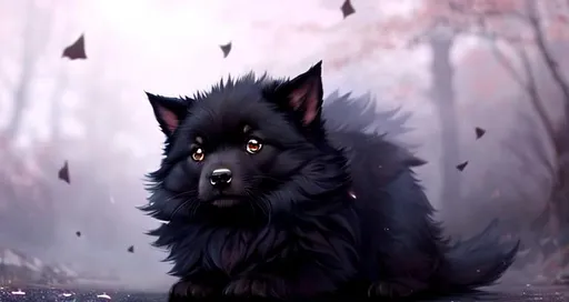 Prompt: Cute, black, fluffy, fantasy dark puppy, with dark, black eyes, very, dark fur, and possessing the element of darkness and making circles of dark magic move around in the air in a magical way. Perfect features, extremely detailed, realistic. Krenz Cushart + loish +gaston bussiere +craig mullins, j. c. leyendecker +Artgerm.