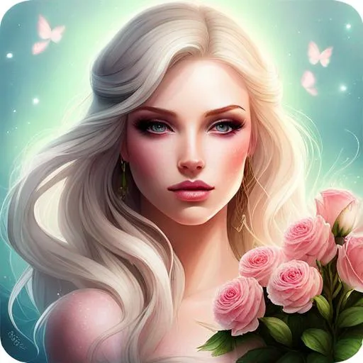 Prompt: fairy , ethereal beauty, blonde, dreamscape, pink roses, facial closeup