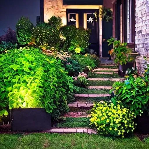 Prompt: garden, night-time, dark sky, dark clouds, 
very soft █►green◄█ theme, dark shadows, dark walls, dim lights, (some cyan small things:0.8), 
♦♦ doorstep, letterbox, front porch, porch, flower pots, pots, planter boxes, entryway, foyer, stool, garden bench, butterflies, bees, flowers, watering can, garden tools, hair flower, hair ribbon, pail, 

■■ {{{{best quality, 8k resolution photography, artistic photography, photorealistic, masterpiece}}}}, 