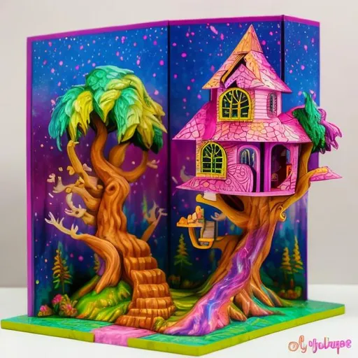 Prompt: Lisa frank style of tree house diorama 