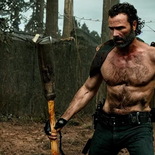 Prompt: Rick Grimes with baseball bat wrapped with barbed wire fighting Doomslayer in Hell