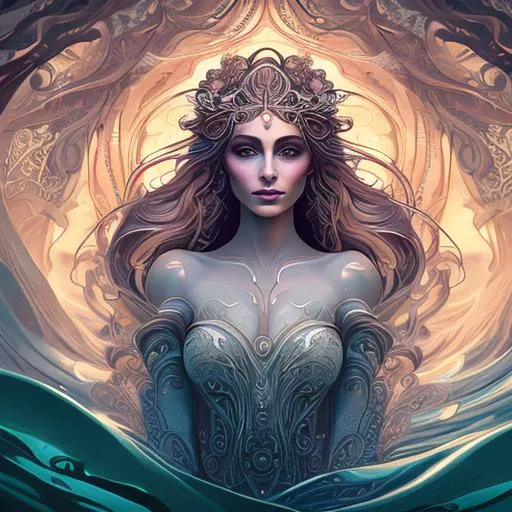 Prompt: illustration of a beautiful woman in her 30s, goddess of the fae, in the ocean, soft lighting, light rays through water, stylized with spirals, perfect symmetrical face, makup, dramatic background, asymmetric background, seductive, 105mm, creative bokeh, full body, intricate clothing, fantasy, artstation, very complex hyper-maximalist, overdetailed, 3d ray tracing, tribal, 8k resolution, Ultra-detailed 3D Octane Render, photorealistic, concept art, Sharp Focus, golden ratio, low-angle, intense shadows, intense lighting, splash screen, tonemapping.