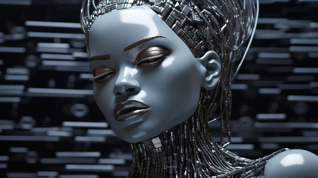 Prompt: pixelated digital face of a young woman with black wires behind her head, in the style of organic sculpting, afrofuturism, dark silver and dark black, uhd image, meticulous detailing, robotic motifs, sculptural expression