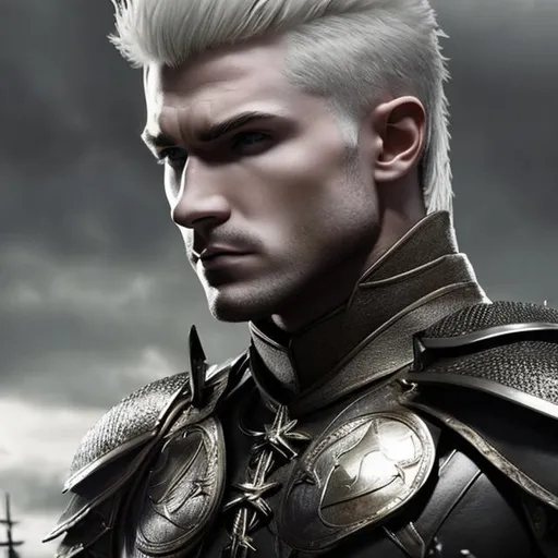Prompt: male,albino,muscled,shirtless,strong,menacing,30-year-old,pale,mercenary,short hair,medieval,tough,handsome,white hair,the slightest stubble,leather armor,pale scars,