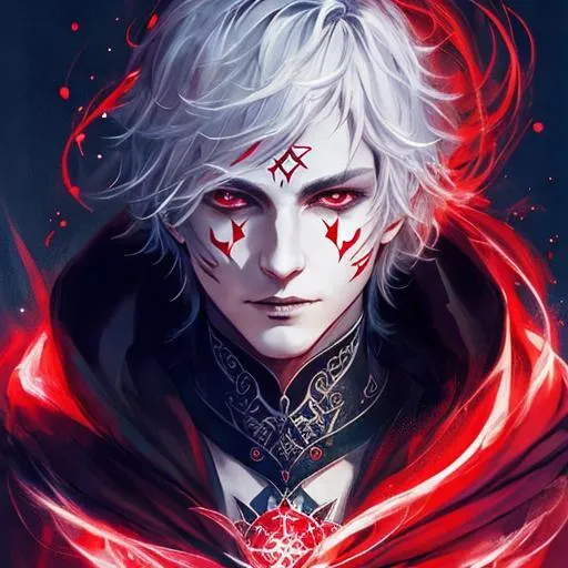 Prompt: noble attire, short hair, caplet and hood, male, red eyes, evil,  cursed markings on face, lich, glowing tattoos, tattoo on cheek, UHD, 8K, high fantasy, (((art by Agnes Cecile))), 