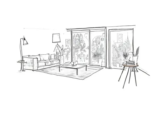 Prompt: an ink-drawn illustration of a living room with a floor lamp, sofa, rug, coffee table, and a lot of artwork hanging on the wall behind the sofa, and a projector sitting on a side table next to it. the coffee table has a lot of colorful mugs.