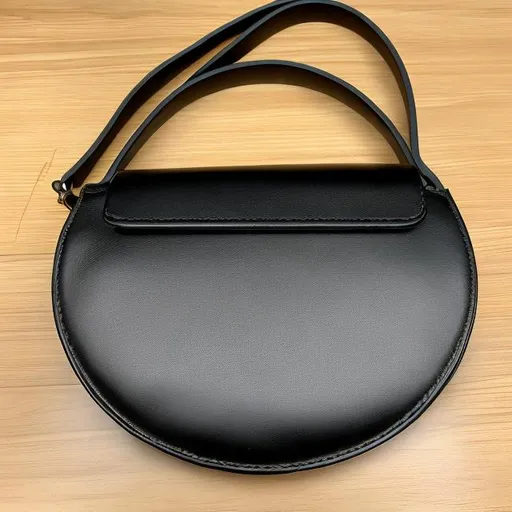 Prompt: leather purse, half-circle, sleek, handle, flap,  