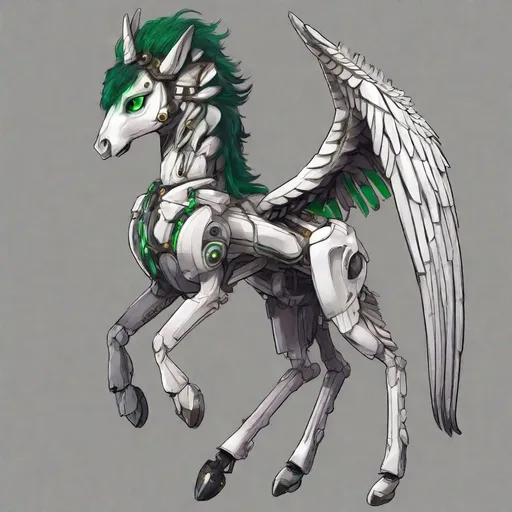 Prompt: Your OC is a small twisted pegasus bipedal animatronic, with focused emerald eyes. They identify as male, and have a high-pitched voice. As an accessory, they have nothing, and they can be seen holding a weapon for safety. standing on two legs
