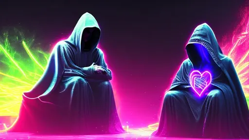 Prompt: Quality, detailed, 8k, masterpiece, beautiful hooded figure, sitting on a throne, neon heart background, particle effects