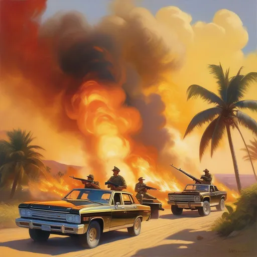 Prompt: Mercenaties 2 World in Flames, Venezuela, guns, cartoony, sunny atmosphere, extremely detailed painting by Greg Rutkowski and by Henry Justice Ford and by Steve Henderson