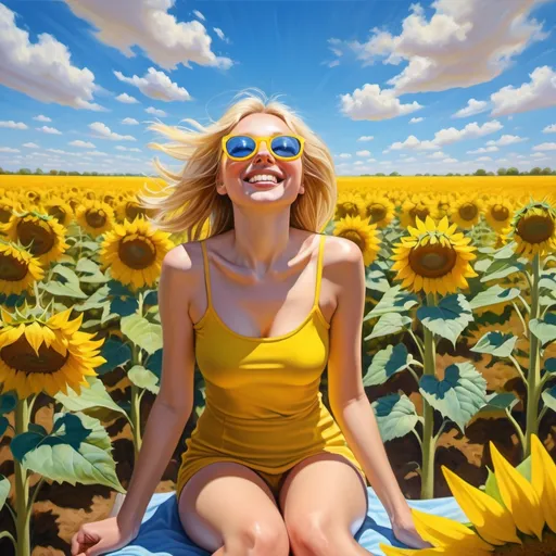 Prompt: 4k,high resolution,detailed,oil painting,spring,bright colors,hot sun,blue sky, common sunflower field,woman sits  and looks up the sky ,smile,she enjoys her freedom, blonde hair,mini yellow slit dress reveals legs ,sun glasses with yellow temples, mirrored lens , modeling , unique pose , , focus on woman's legs 