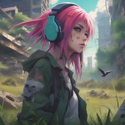 Prompt: Masterpiece, 4k, Punk Girl with Multicoloured Hair, Headphones, Anime, Dystopia, Cityscape, Ruins, Post-Apocalyptic, Forest, Grass, Birds