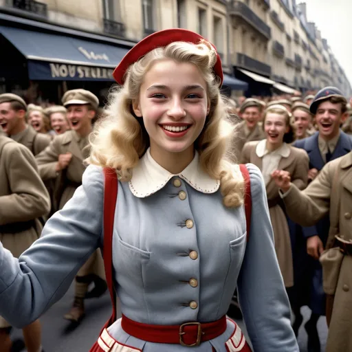 Prompt: Realistic photograph, highly detailed, Young French woman (blonde, slim, sweet and cute) wearing period French girls clothes, with highly detailed facial features smiling and waving, in Paris during 1944, in street celebrating US Soldiers in period combat gear marching through a crowded street, men and women cheering wildly celebration.