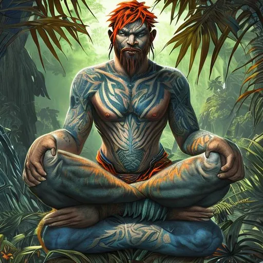 Prompt: blue and orange haired boy with sharp teeth sitting cross legged in a jungle while meditating elder scrolls artwork