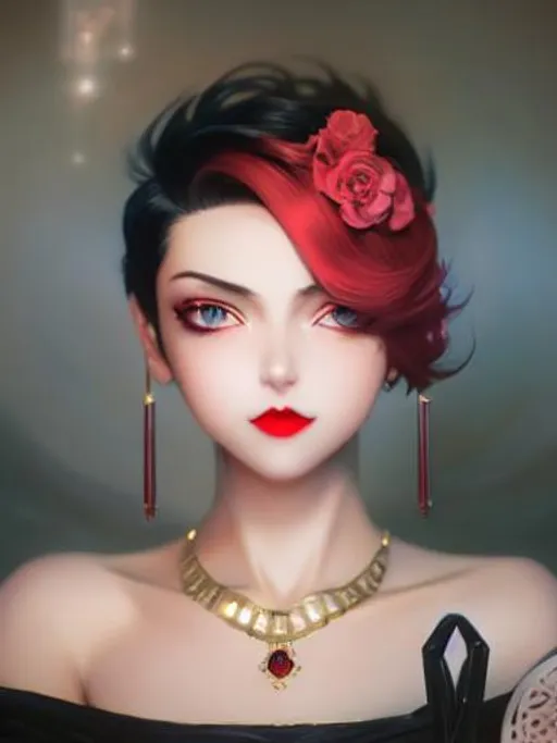 Prompt: photo of a {img2img}, regal dreamy eyes, beautiful short black hair, pixie cut black hair, crimson red lips, dark red lips, symmetrical, dark anime wide eyes, soft lighting, detailed face, by makoto shinkai, stanley artgerm lau, wlop, rossdraws, concept art, digital painting, looking into camera