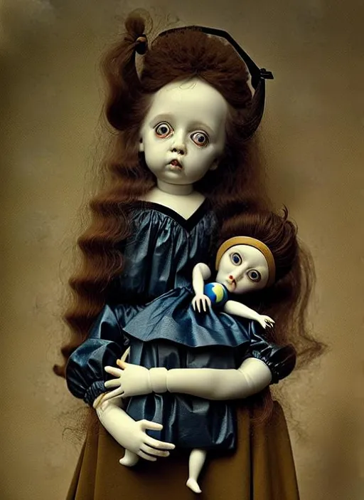 Oil painting of a porcelain doll that has seen hard... | OpenArt