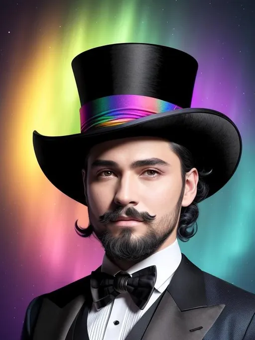 Prompt: Create an 8K resolution digital art portrait of the God of the Dark Rainbow, Aurora, with a young, pop, and elegant appearance. The portrait should be a head and shoulders view, showcasing him as a trickster and entertainer, wearing a black tux and top hat. The style should be fantasy magic with a stylish perfectly groomed beard, hyper-detailed painting, and dynamic lighting that creates a clear and deep color effect. Use a triadic color scheme and add Unreal Engine 5 volumetric lighting to enhance the overall effect. The portrait should be created by Greg Rutkowski, Artgerm, WLOP, Alphonse Mucha, or one of the other artists known for creating intricate and highly detailed artwork. The environment should also be detailed and intricate, featuring global illumination, and rendered in Unreal Engine 5. The overall effect should be sharp and focused, with a studio photo feel, and trending on ArtStation.