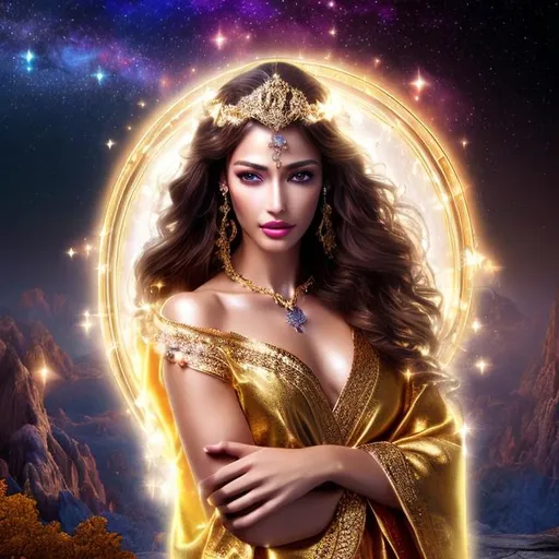 Prompt: HD 4k 3D 8k professional modeling photo hyper realistic beautiful leader woman ethereal greek goddess of falling stars
gold hair hazel eyes gorgeous face brown skin shimmering gold robes with gems jewelry and star tiara full body surrounded by magical glowing starlight hd landscape background falling stars in a temple