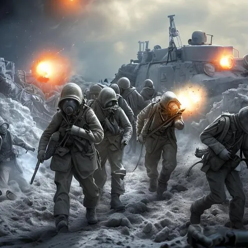 Prompt: trench warfare, scifi, realistic, gas attack, charge, blizzard