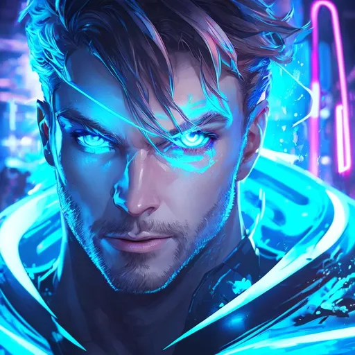 Prompt: Digital art,splash art, game art, neon light, detailed face, a man, blue light eyes