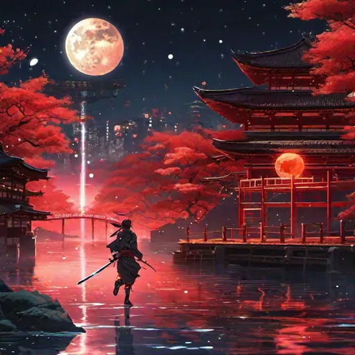 Prompt: anime cyberpunk ninja running across a river with glowing water, red tori gate in the background, moon lit with planets in the sky, highly detailed, hd, 8k, hayao miyazaki