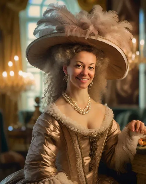 Prompt: An elegant Polish noblewoman in an ornate Rococo-era gown poses in a lavish drawing room. Her powdered hair is styled high in voluminous curls adorned with pearls. She smiles coyly, one hand adjusting a feathered hat. Oil paintings in gilded frames hang on damask walls behind her. Shot using Rembrandt lighting, baroque ambiance.