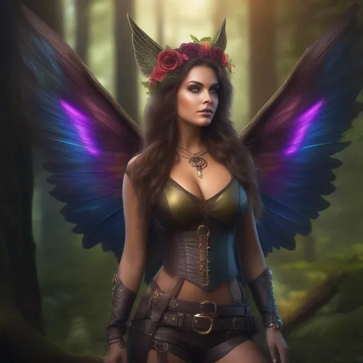 Prompt: Epic. Cinematic. 4k.  8k.  Wide angle. Full body shot. Hyper realistic painting. Concept art. matte painting. Detailed Illustration. photo realistic. A beautiful, buxom woman with broad hips. extremely colorful, bright eyes,  standing in a forest by a sleepy town. Shes a Steam Punk style witch.  A Winged fairy, with a skimpy, very sheer, gossamer, flowing outfit.  A picturesque Halloween night. 