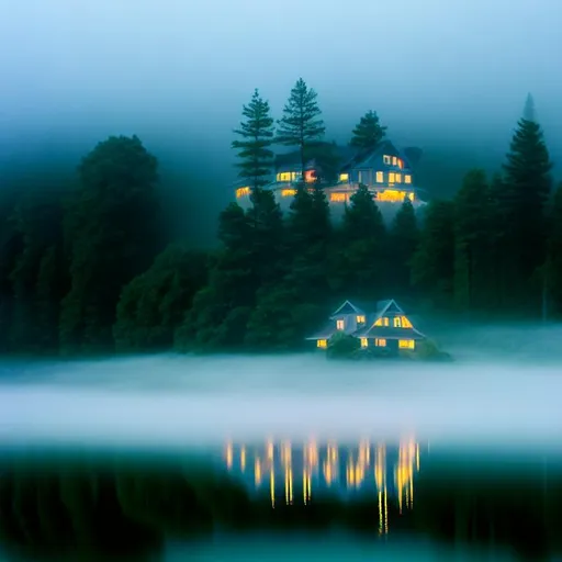 Prompt: house on mountain lake with fog midnight

