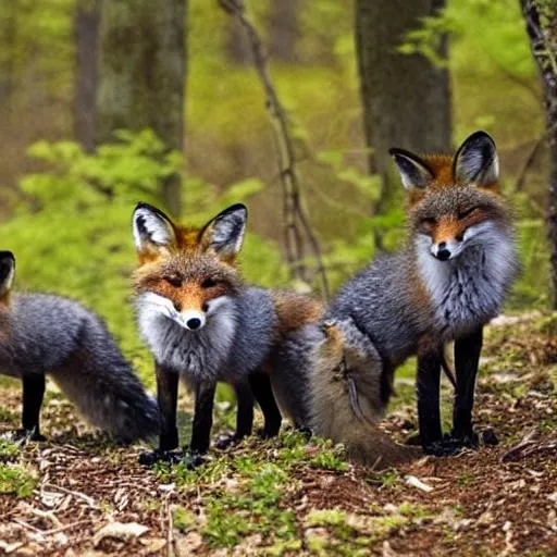 Prompt: three foxes grey and black foxes in a forest near a lake