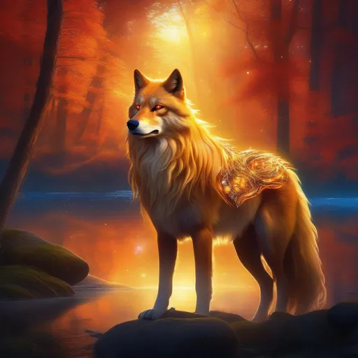 Prompt: Insanely beautiful (canine quadruped) that is glowing, thick golden mane, on two legs, translucent, luminescent, illusion, glistening fiery mane, glows like the sun, flaming red eyes, majestic wolf face, energetic fox, in a magical forest near a lake, sunrise, beneath the stars, crystal lake, waterfall, bioluminescent, highres, best quality, concept art, epic digital art, intricately detailed, cinematic, 8k eyes, highly detailed eyes, highly detailed, 64k, vibrant, UHD, professional