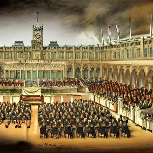 Prompt: lphotorealistic picture of parliament in an alternative history in which the colonies lose american revolution