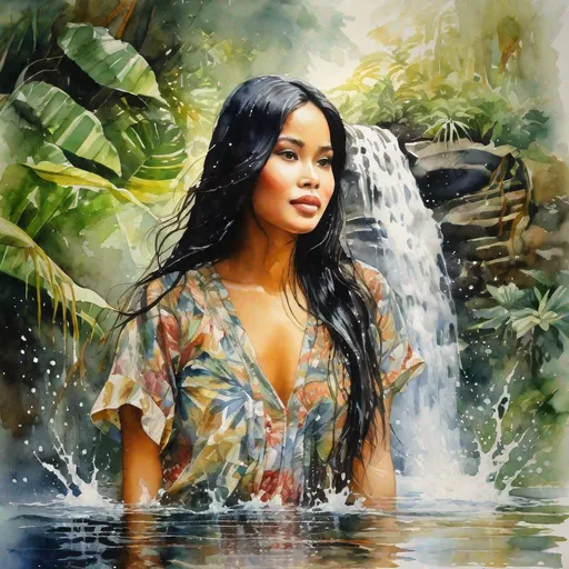 Prompt: watercolor, pretty Indonesian woman, 25 year old, (round face, high cheekbones, almond-shaped brown eyes, epicanthic fold, long black hair, small delicate nose), emerging from water, head and shoulders, water splashing, (scenery natural pool, tropical Indonesian rain forest, waterfall), masterpiece, intricate detail, 