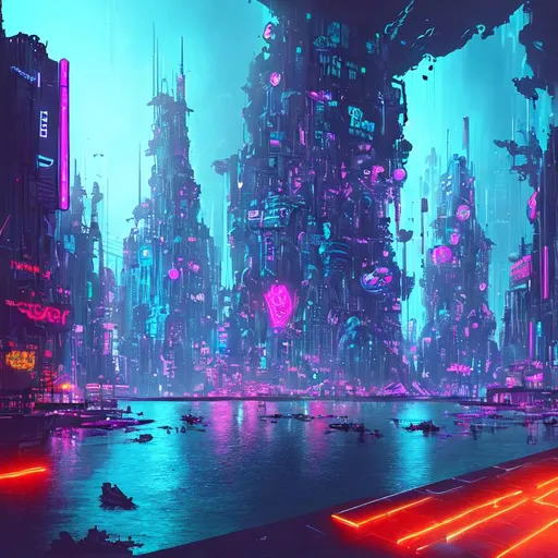 Prompt: Digital art, splash art, concept art, the view of a huge underwater city with gigantic monuments, cyberpunk, neon light, water splash