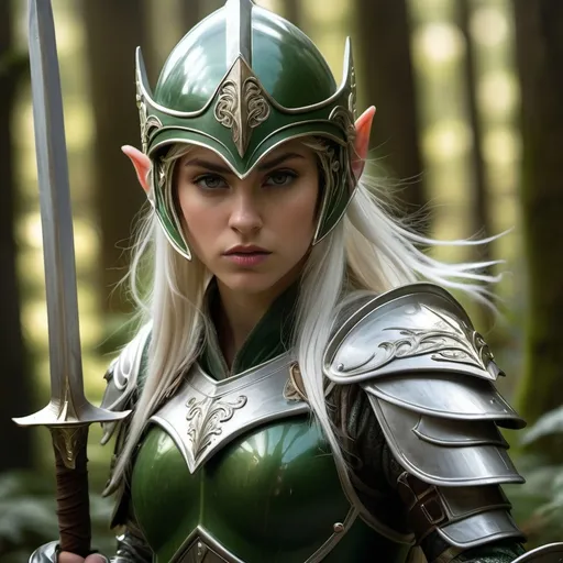 Prompt: Full helmet wearing teenage girl high elf paladin with beautiful face, head covered entirely by full helmet, tight fitting green plate armor, full helmet with covered face and white horsehair plume, wielding a two handed long bladed spear, highres, detailed, dramatic pose, fantasy, dark fantasy, dramatic lighting, mossy forest, Fae details, intense gaze, professional rendering