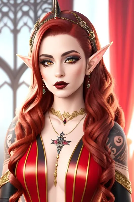 Prompt: A hyper realistic detailed ((full body)) ((nude)) image of a half-elf masked harlequin ((sexy woman)), ((tatoo)), with ((sexy clothes)) with ((dark red hair)) a gothic dress, jewelry set, balayage wild hair, highly detailed, digital painting, Trending on artstation, HD quality, ((by Prywinko)), ((very huge breast)), ((sexy)), high heels