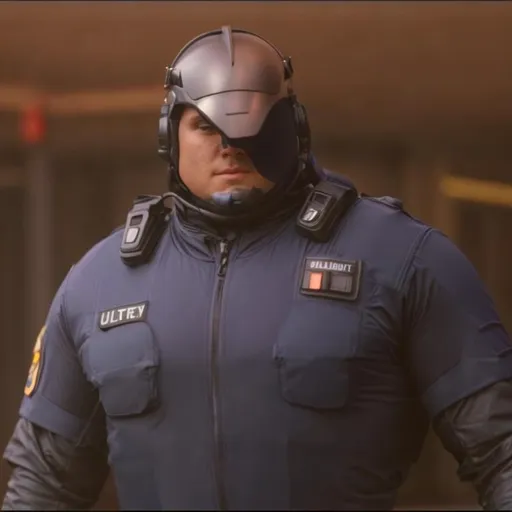 Prompt: Ultra realistic, human bigg police man, Symetric face, full human