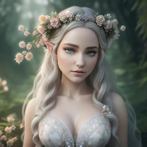 Prompt: Hyperrealistic, super sharp focus, intricate details, highly detailed, intricate line work, by greg Rutkowski, detailed elf face, almond shaped eyes, full body curvy evil fairy, fantasy art style, long curly white hair, sand color skin, enchanted wings, perfect body, long flowy dress, wearing tiara made of glowing flowers, mythical forest surrounded by dense blue fog, dark vivid colors, glowing plants, volumetric god rays,  ray-tracing enabled, dynamic lighting, HDR, 8k upscaling, mysterious mood, ominous aura, octane render