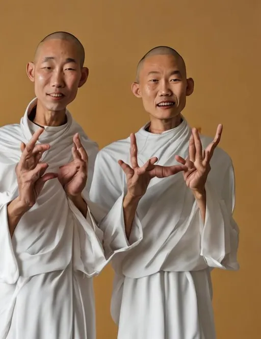 Prompt: two Buddhist monks in white latex clothes, in their hands, other smaller monks