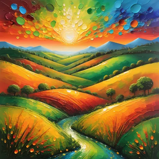 Prompt: Vibrant landscape painting, created using finger painting techniques, rich hues blend seamlessly, showcasing texture and detail, a breathtaking sunset casts warm golden shades across the sky, lush green hills roll into the distance, brilliant colors dancing together, engaging and immersive composition, whimsical ambiance, high depth, ultra-detailed, water droplets glisten from wet paint, larger-than-life artistic expression.