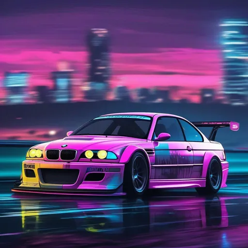 Prompt: 2001 BMW M3 E46 GTR, synthwave, aesthetic cyberpunk, miami, highway, dusk, neon lights, coastal highway, dusk, neon lights, coastal highway, sunset, drift, nurburgring, water on the road, blade runner, 8k, watercolor, macro sharp focus