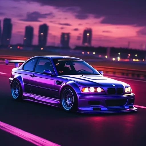 Prompt: 2001 BMW M3 E46 GTR, synthwave, aesthetic cyberpunk, miami, highway, dusk, neon lights, coastal highway, dusk, neon lights, coastal highway, sunset, drift, nurburgring, water on the road