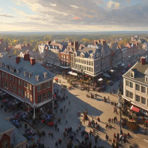 Prompt: bird's eye view of a beautiful painting of a small, sleepy New England town square, by greg rutkowski, trending on artstation