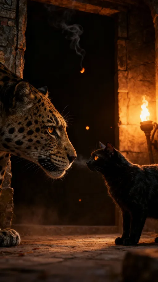 Prompt: IMAGE PROMPT 
Use reference image

Inside an ancient stone temple chamber, viewed in side profile, a small black cat (Milo) and a large jaguar face each other in quiet stillness.

Foreground (left):
Milo, a short-haired black cat with glowing amber eyes, stands with his head slightly lowered. His ears are flattened but relaxed, not fearful. His posture is cautious yet calm, showing curiosity and respect.

Midground (right):
A massive jaguar emerges partially from the darkness of a stone doorway. Only the front of the jaguar’s head and muzzle are visible; the rest of its body remains hidden in shadow. The jaguar’s eyes glow softly amber-gold, calm and intelligent, not threatening.

Interaction:
Milo and the jaguar are just about to touch noses—their noses separated by only a breath. The moment feels gentle, deliberate, and sacred.

Environment:
Ancient stone walls frame the scene. Wall-mounted torches cast warm flickering light, creating soft rim lighting along both animals’ profiles. Light smoke drifts upward. A few glowing embers float in the air.

Behind the jaguar, the stone door is open slightly, revealing deep darkness beyond. The painted mosaic on the door is visible but still, ancient and watchful.

Mood:
Quiet tension, mutual recognition, ancient guardian meeting a small traveler. No aggression. No magic effects. No exaggerated glow.

Style details:
Ultra-detailed textures, realistic fur, cinematic depth of field, subtle volumetric light, dramatic contrast between warm torchlight and cool shadows.

NEGATIVE / CONSTRAINT PROMPT (VERY IMPORTANT)

No snarling

No teeth visible

No exaggerated glowing eyes

No extra animals, spirits, or symbols

No frontal confrontation

No dynamic motion blur

No fantasy magic effects

Keep composition clean and readable