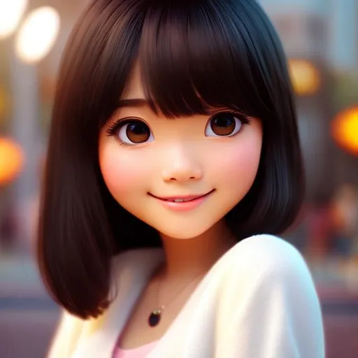 Prompt: Disney, Pixar art style, CGI, cute girl, asian, black hair, dark brown eyes
