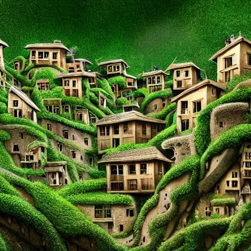 Prompt: Hyper realistic image of a mistical village of dwellings built on a cliff face, in between two mountains with lots of rope bridges and ladders to get between the dwellings. Lots of Green vegetation  surreal salvidor Dali impressionism, intricate, high detail, behance, microworlds smooth, macro sharp focus, centered