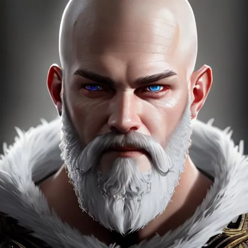 Prompt: hyper realistic 4d, engine unreal, realistic illustration, super detailed face, full body shot, fantasy setting, male, white eyes, shaved head, fine trimmed beard, no irises 