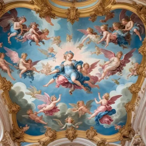 Prompt: A rococo style ceiling fresco but all the people and angels are frogs. It has beautiful blue and pink hues that make it feel dreamy and warm. 