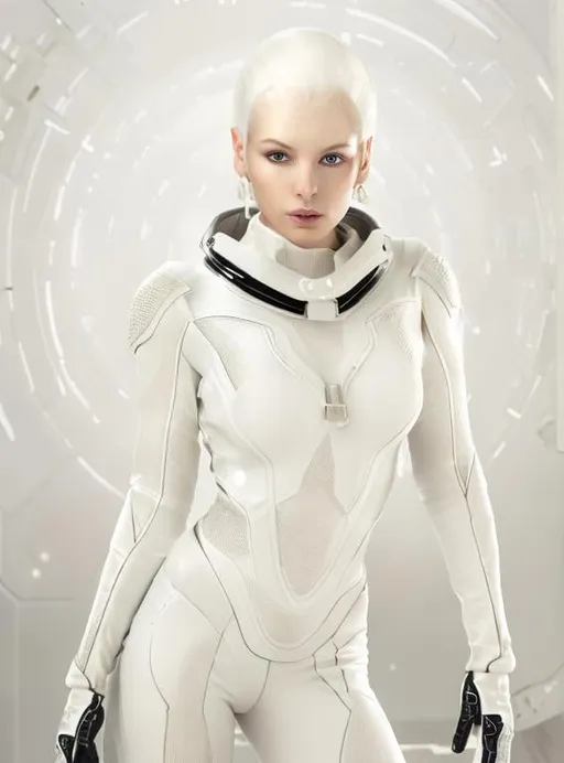 Prompt: Photo, a beautiful woman with alabaster skin, hair, and eyes, wearing a white futuristic skintight spacesuit, and curvy white hair, full lighting, on a dark background, from the waist up, style of Javier Garceche & Luis de las Alas.