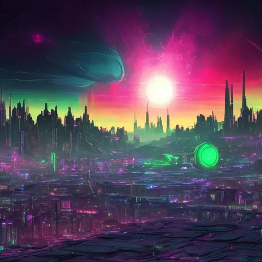 Prompt: the city of the year 2166
in neon color and a generic colorful full of planet sky